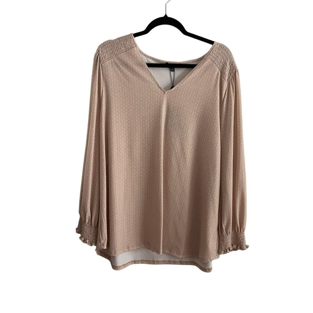 Adrianna Papell Women Plus SZ 2X Blush Pink Micro Floral L/S V-Neck Blouse NWT